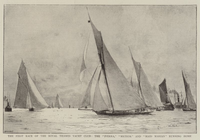 Det første kapløb i Royal Thames Yacht Club, Iverna, Meteor og Maid Marian kører hjem af Charles William Wyllie