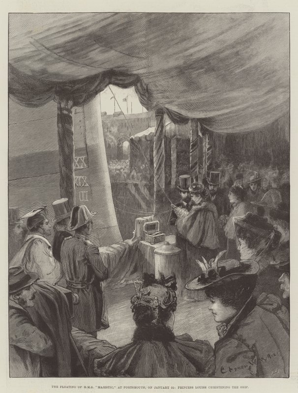 The Floating of HMS Majestic, i Portsmouth, den 31. januar, døbte prinsesse Louise skibet af Charles William Wyllie