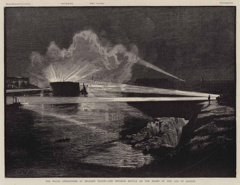 Søoperationerne ved Milford Haven, det afgørende slag om natten den 17. august af Charles William Wyllie