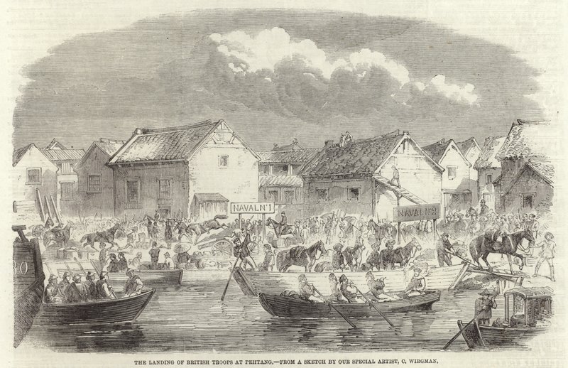De britiske troppers landgang ved Pehtang af Charles Wirgman