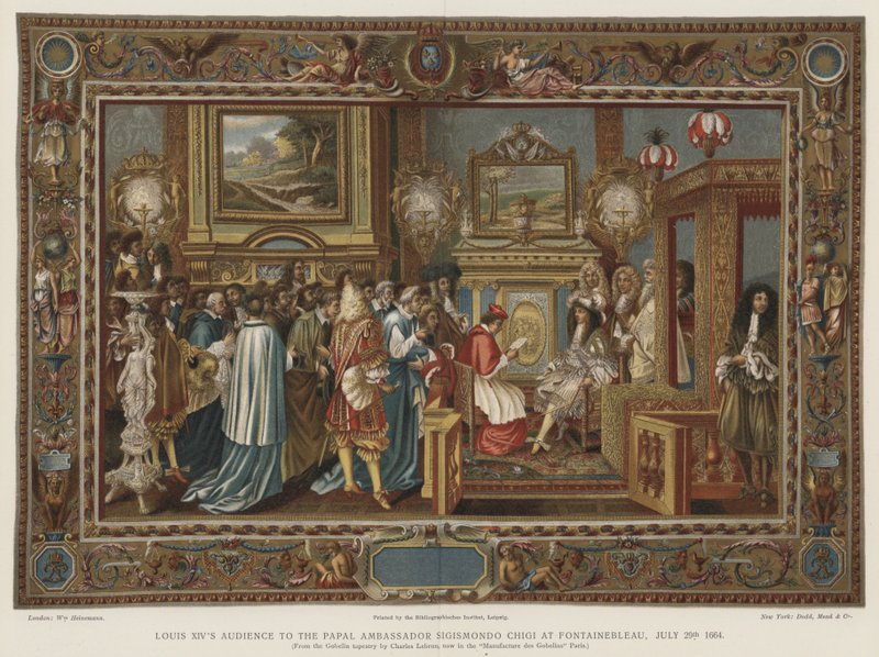 Ludvig XIVs audiens for den pavelige ambassadør Sigismondo Chigi i Fontainebleau, 29. juli 1664 af Charles after Le Brun