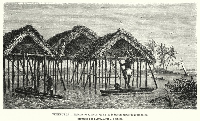 Lakeboliger af Wayuu (Guajiro) indianerne, Maracaibo, Venezuela (litho) af Christian Anton Goering