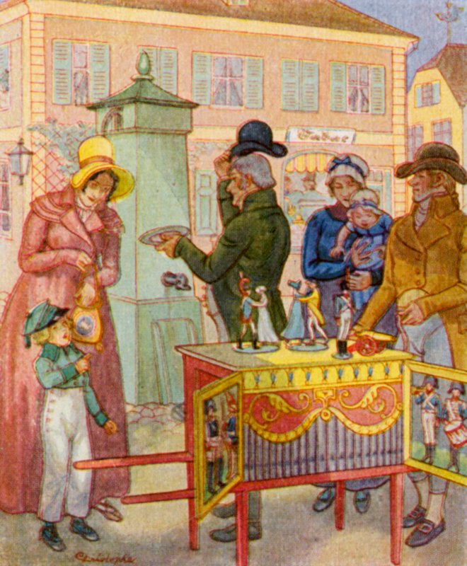 Leierkasten Mit Tanzpuppen / Tøndeorgel med dansende dukker (farvelitografi) af Christophe (1856 1945)