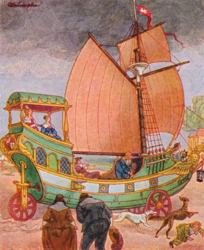 Segelwagen / Sejlende bil (farvelitografi) af Christophe (1856 1945)