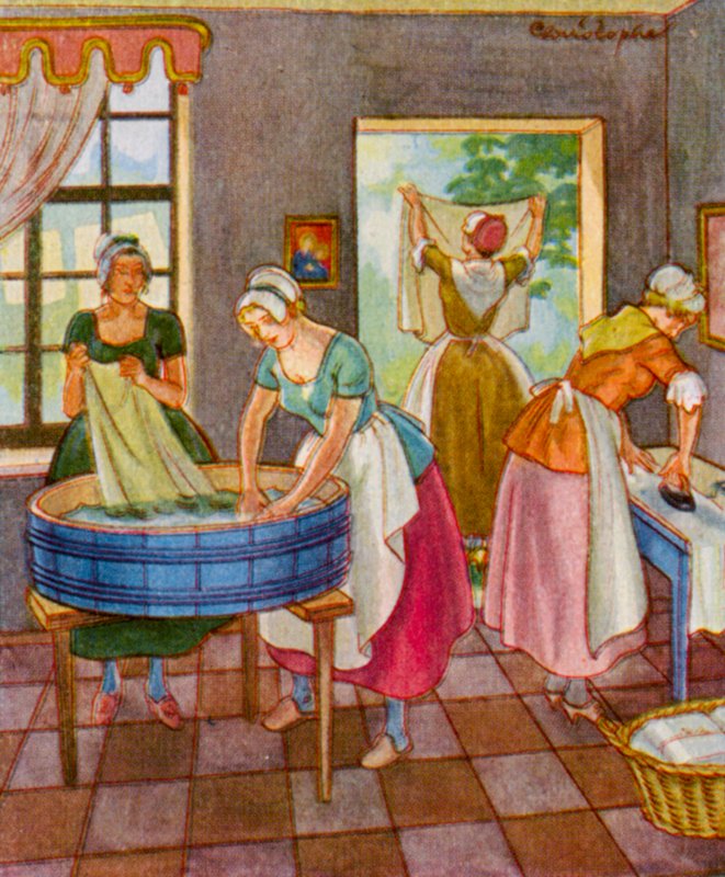 Wascherin Und Platterin / Vaskekone og tallerken (farvelitografi) af Christophe (1856 1945)