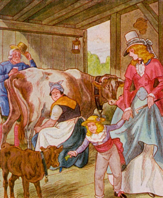 Besuch Im Kuhstall / Besøg i kostalden (farvelitografi) af Christophe (1856 1945)