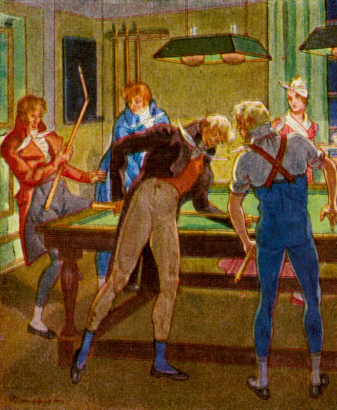 Billardspil / Billiard Game (farvelitografi) af Christophe (1856 1945)