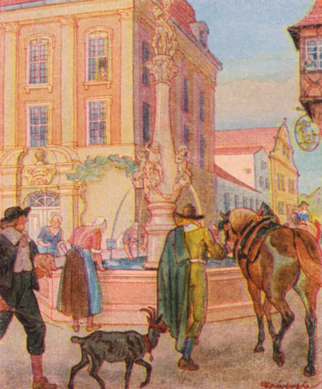 Brunnen Und Tranke / Springvand og drikketrug (farvelitografi) af Christophe (1856 1945)