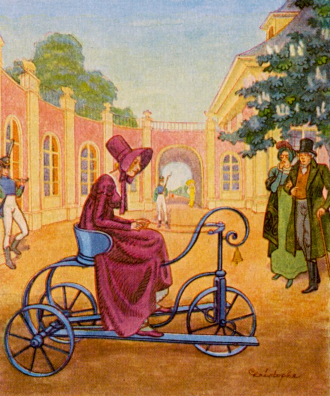 Draisinenfahren / Kørsel med håndvogn (farvelitografi) af Christophe (1856 1945)