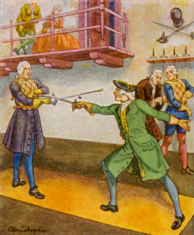 Fechtschule / Fægteskole (farvelitografi) af Christophe (1856 1945)