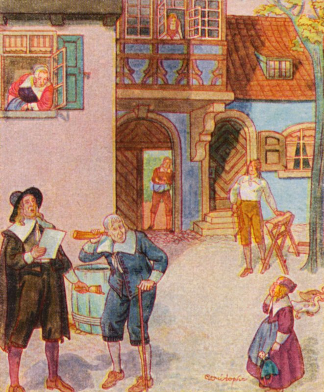 Gemeindeausrufer / Udråber (farvelitografi) af Christophe (1856 1945)