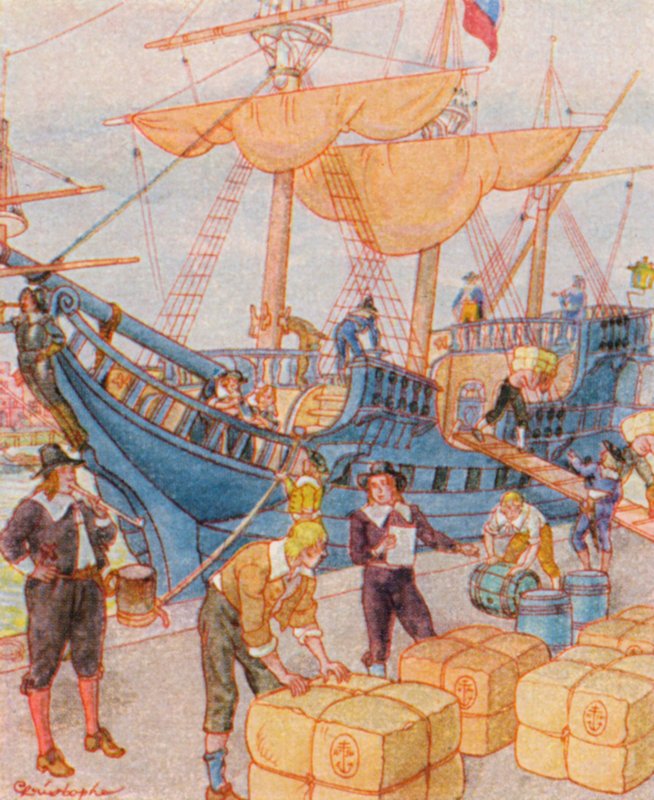 Hafen Mit Tabakballen / Havn med tobaksballer (farvelitografi) af Christophe (1856 1945)