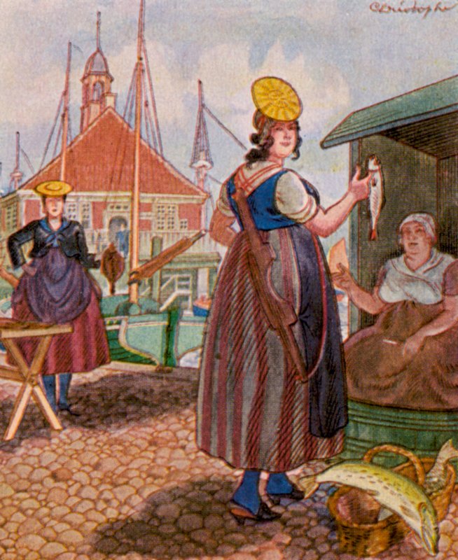 Hamburger Fischmarkt / Hamborgs fiskemarked (farvelitografi) af Christophe (1856 1945)