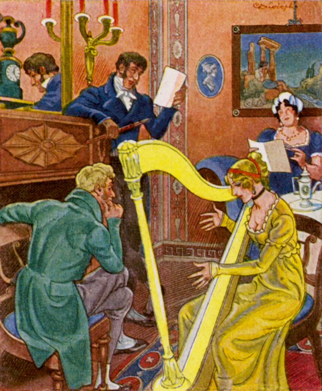 Harfenkonzert / Harpekoncert (farvelitografi) af Christophe (1856 1945)