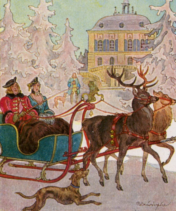 Hirschschlitten / Hjorteslæde (farvelitografi) af Christophe (1856 1945)