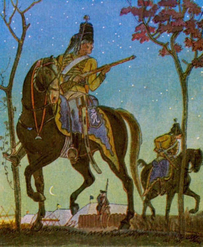 Husarenvorposten / Hussar Outpost (farvelitografi) af Christophe (1856 1945)