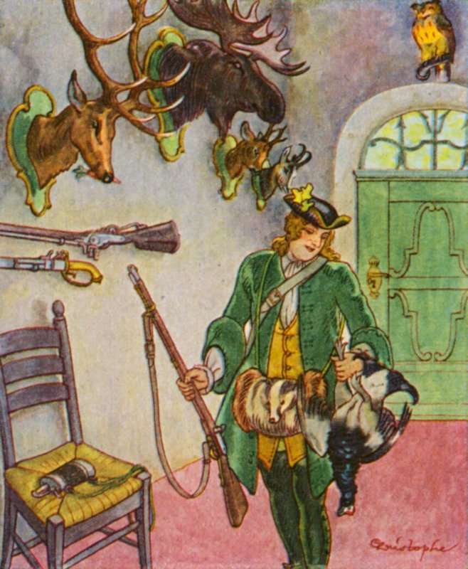 Jagdschloss Mit Trophaen / Jagthytte med trofæer (farvelitografi) af Christophe (1856 1945)