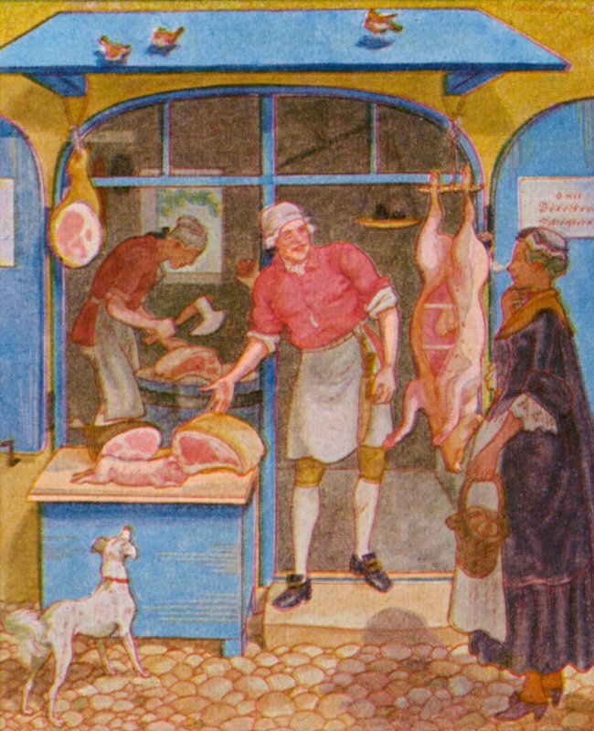Metzgerladen / Slagterforretning (farvelitografi) af Christophe (1856 1945)