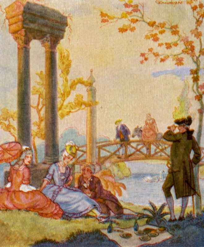 Park Mit Ruine / Park med ruiner (farvelitografi) af Christophe (1856 1945)