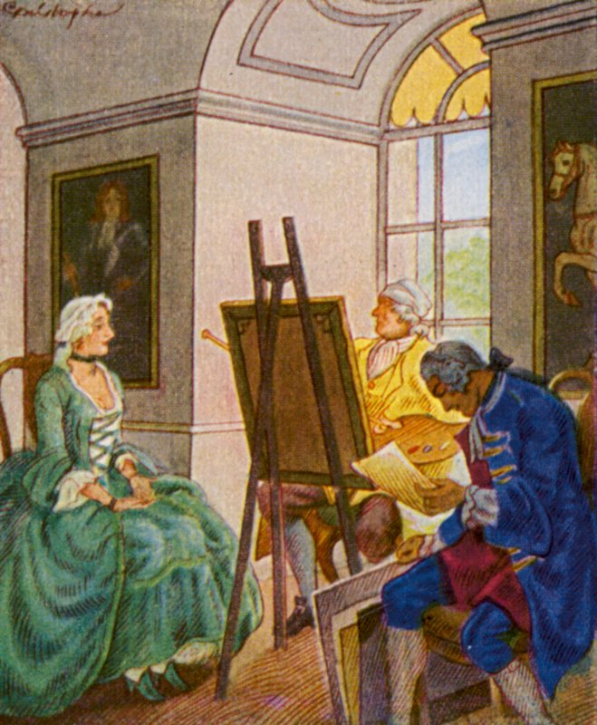 Portratsitzung Im Schloss / Portrætsession på slottet (farvelitografi) af Christophe (1856 1945)