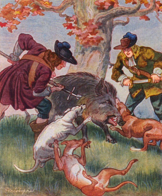 Sauhatz / Grisejagt (farvelitografi) af Christophe (1856 1945)