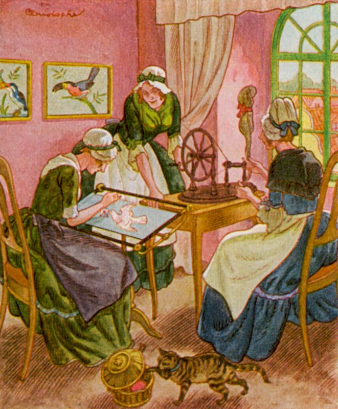Stickerin Und Spinnerin / Broder og spinder (farvelitografi) af Christophe (1856 1945)