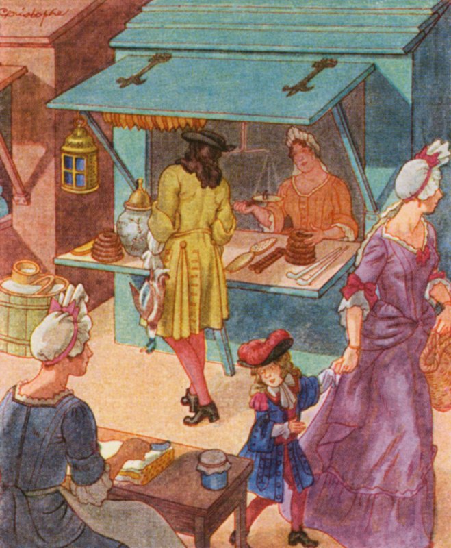 Tabakhandlerin / Tobakshandler (farvelitografi) af Christophe (1856 1945)