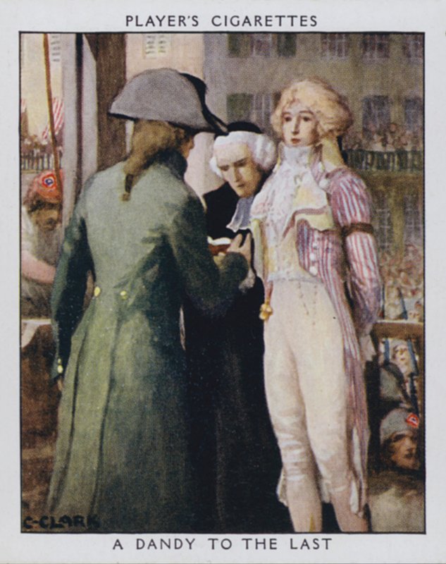 A Dandy to the Last, da Samson, bødlen, spørger, om han må fjerne aristokratens cravat (farve litho) af Christopher (after) Clark