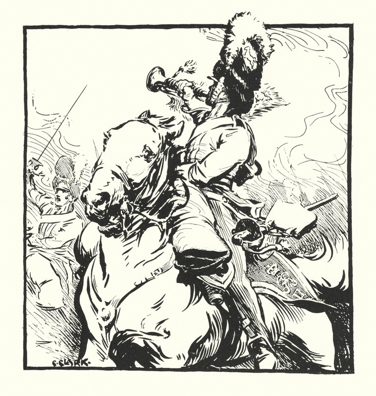 Bugler of the Scots Greys, tegner til en annonce for Major Drapkin & Co