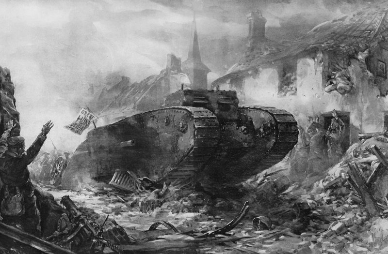 Den første brug af pansrede landskibe i krigen, tankene på vestfronten (litho) af Christopher (after) Clark