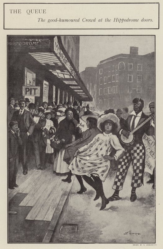 En godmodig kø uden for dørene til London Hippodrome (litho) af Clarence F. Underwood