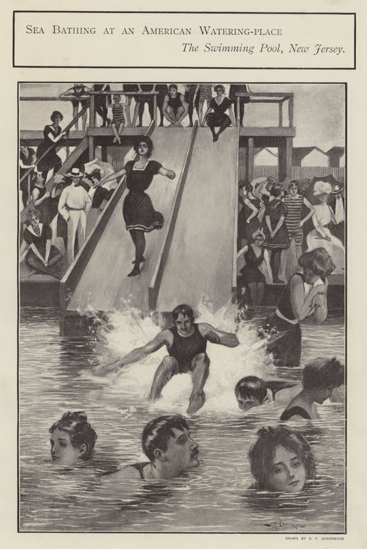 Havbadning ved en swimmingpool i New Jersey, USA (litho) af Clarence F. Underwood