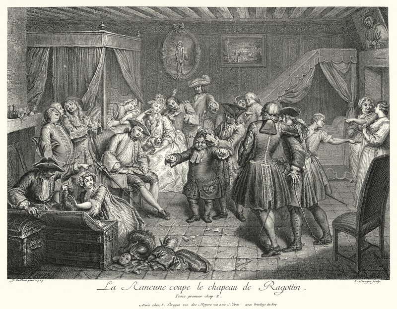 La Rancune skærer hatten af Ragotin (gravering) af Cornelis Engelbrechtsen