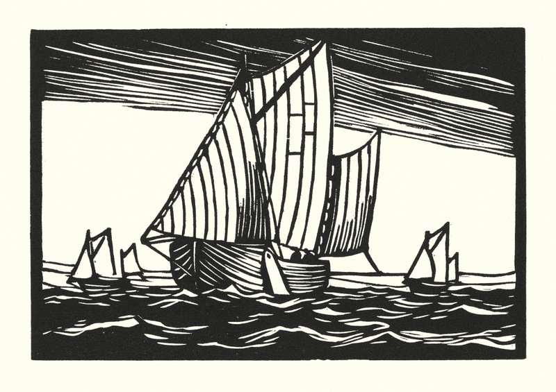 Fiskerbåde og pramme: Brighton Hoggies (træsnit) af Cyril A. Wilkinson