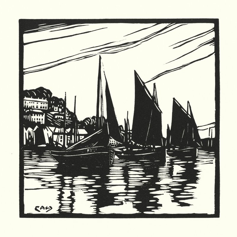 Fiskerbåde og pramme: Cornish Drifters, Looe (træsnit) af Cyril A. Wilkinson