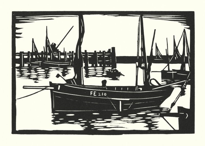 Fiskebåde og pramme: Folkestone Beam-Trawler (træsnit) af Cyril A. Wilkinson