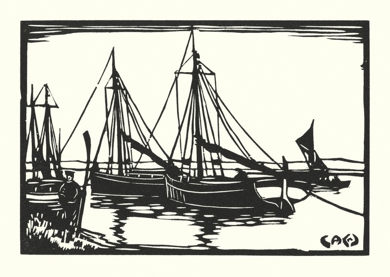 Fiskerbåde og pramme: Leigh Bawleys (træsnit) af Cyril A. Wilkinson