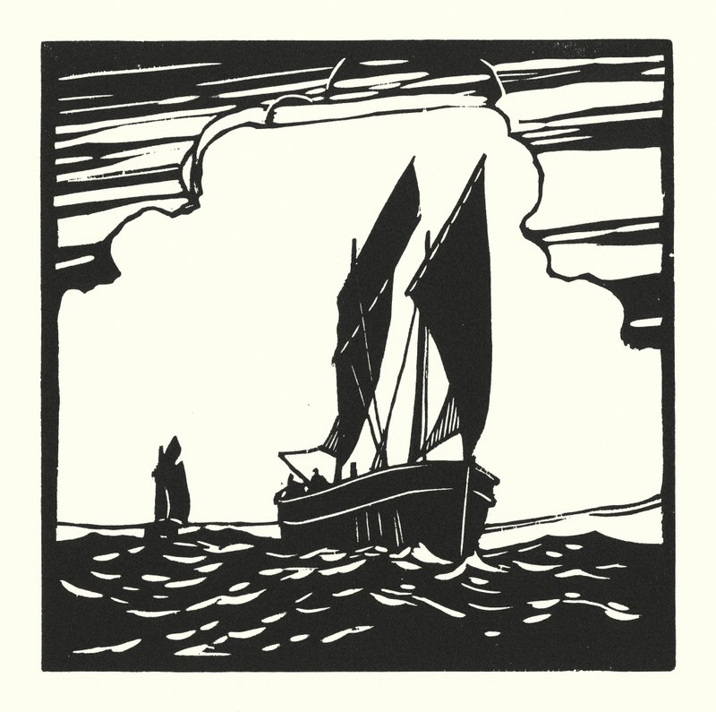 Fiskerbåde og pramme: Mounts Bay Drifter (træsnit) af Cyril A. Wilkinson