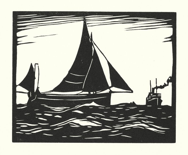 Fiskerbåde og pramme: Plymouth Hooker (træsnit) af Cyril A. Wilkinson