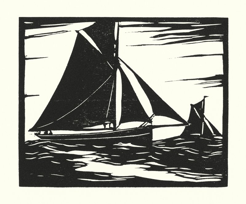 Fiskerbåde og pramme: Plymouth Long Boomer (træsnit) af Cyril A. Wilkinson