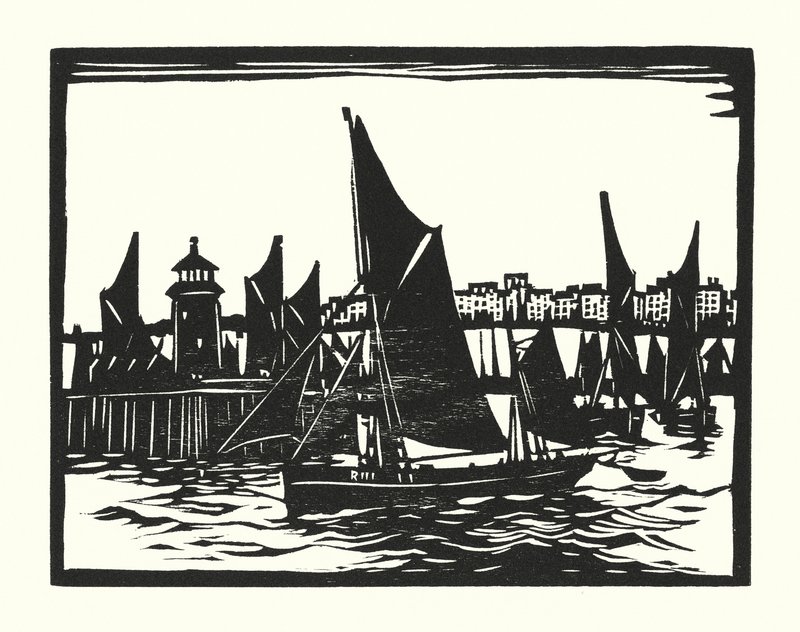 Fiskerbåde og pramme: Ramsgate Trawlers (træsnit) af Cyril A. Wilkinson
