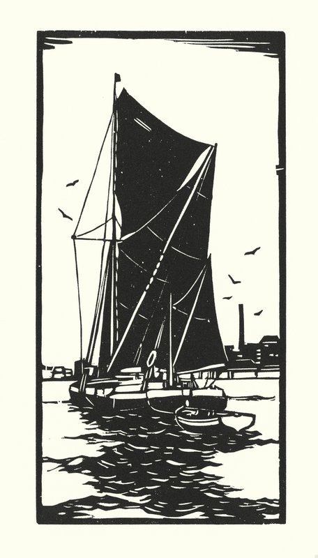 Fiskebåde og pramme: Thames Barge (træsnit) af Cyril A. Wilkinson