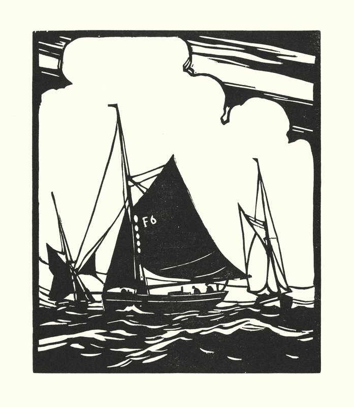 Fiskerbåde og pramme: Whitstable Oyster Boat (træsnit) af Cyril A. Wilkinson