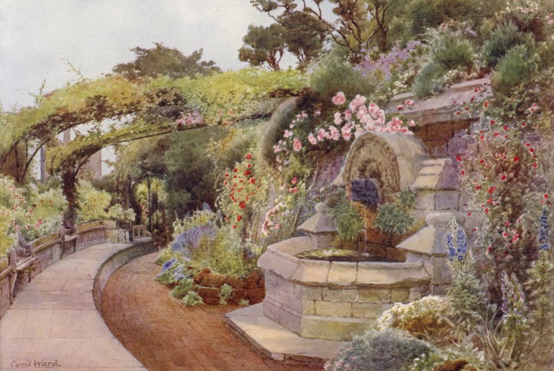 The Time of Roses, Fountain Terrace, Norman Tower Garden (farve litho) af Cyril Ward