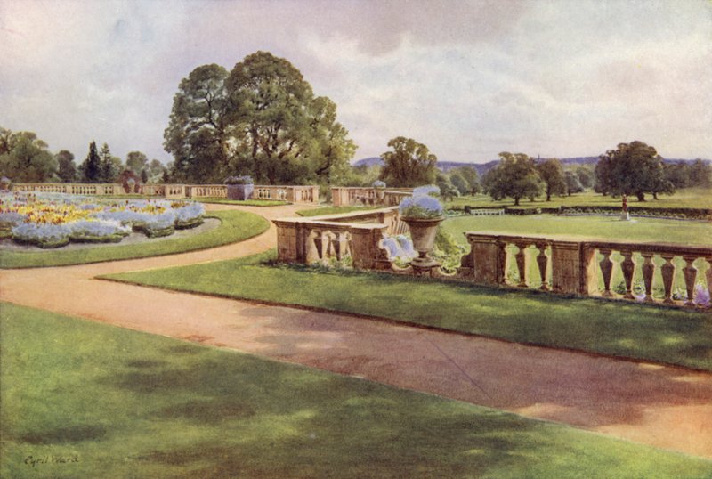 Udsigten fra terrassen, Bagshot Park (farve litho) af Cyril Ward