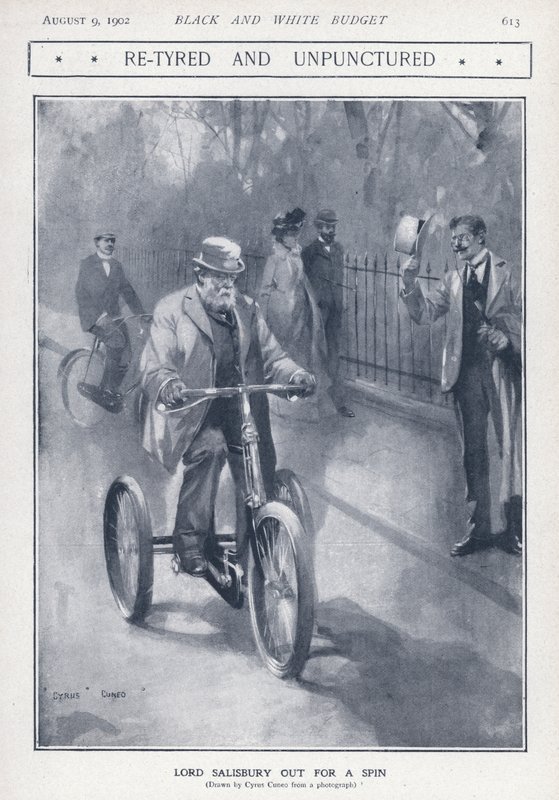 Engelsk konservativ politiker og premierminister Lord Salisbury kører på en trehjulet cykel (litho) af Cyrus Cuneo
