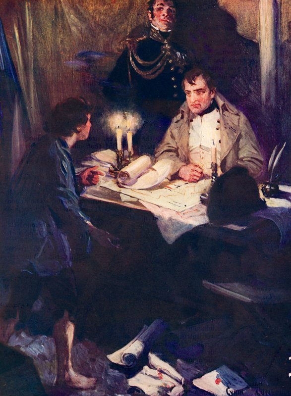 Ung dreng nærmer sig Napoleon med kritisk militær efterretning af Cyrus Cuneo