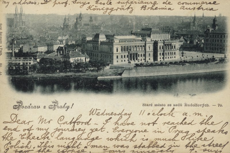 Postkort, der viser en generel udsigt over Prag af Czech Photographer