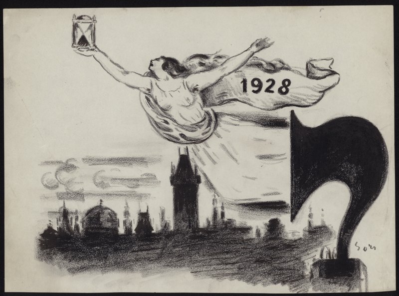 Kvindefigur holder et timeglas over en silhuet af Prags skyline (pastel) af Czech School