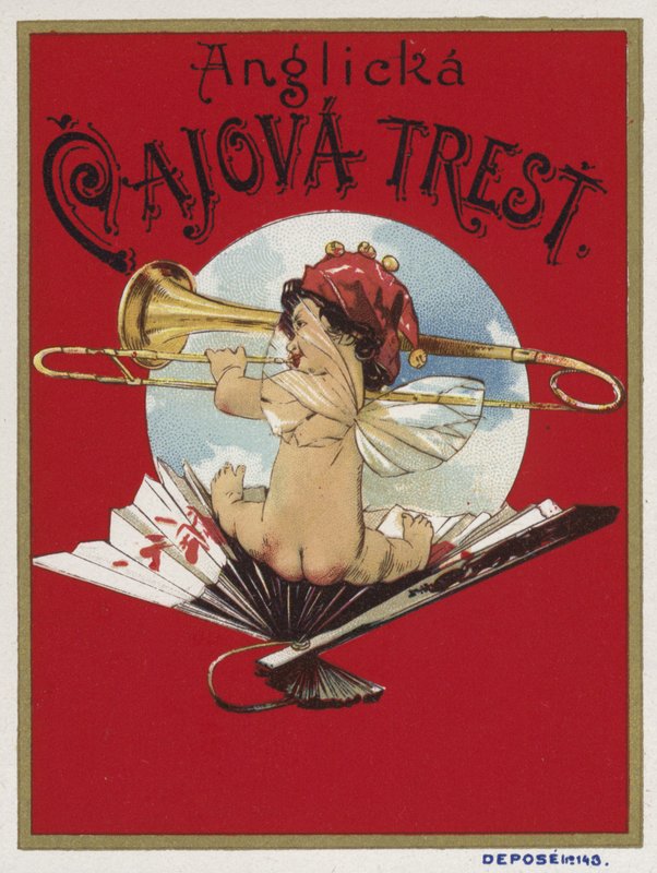 Produktetiket, der viser en kerub, der spiller en trombone af Czech School